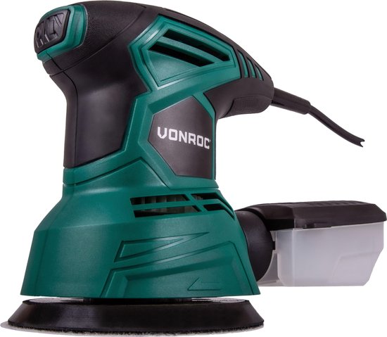 VONROC Excentrische schuurmachine – 300W - Ø125mm – Met stofopvangbox & 12 stuks schuurpapier