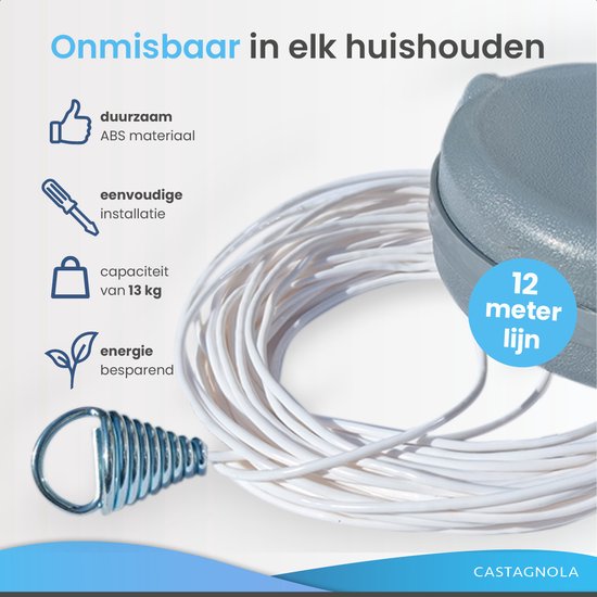 Castagnola Roldrooglijn - Waslijn Uittrekbaar - Waslijndraad - Drooglijn 12 Meter - Draagkracht tot 13 Kg