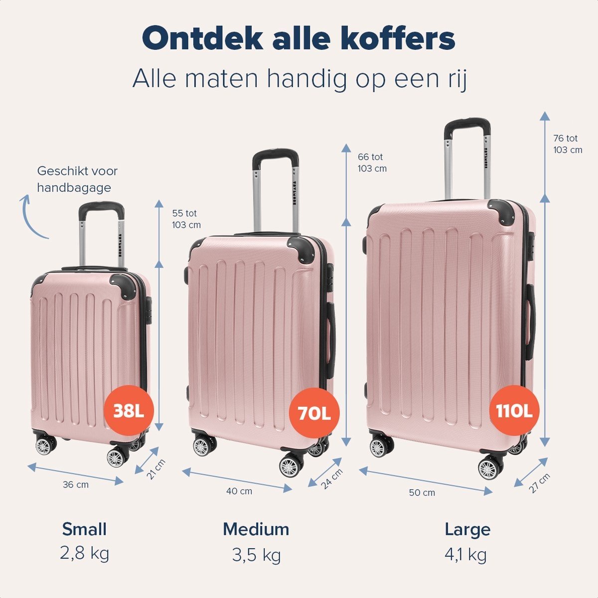 TRVLMORE Kofferset - 2 Delig - 38L Handbagage + 110L Ruimbagage - Roségoud