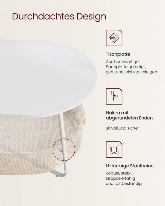 Furnstar - Salontafel ovaal - Tafel met opbergruimte - Bijzettafel - Woonkamertafel met mand van stof - Modern design - Metalen frame - Matwit Camelbruin