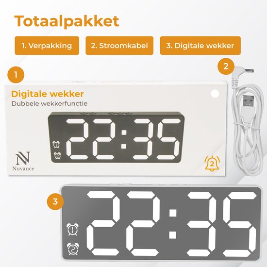 Nuvance - Digitale Wekker - Digitale Klok - Wekkers voor Kinderen & Volwassenen - Reiswekker - Slaapkamer - Led Wekkers Digitaal - Alarmklok - Wit