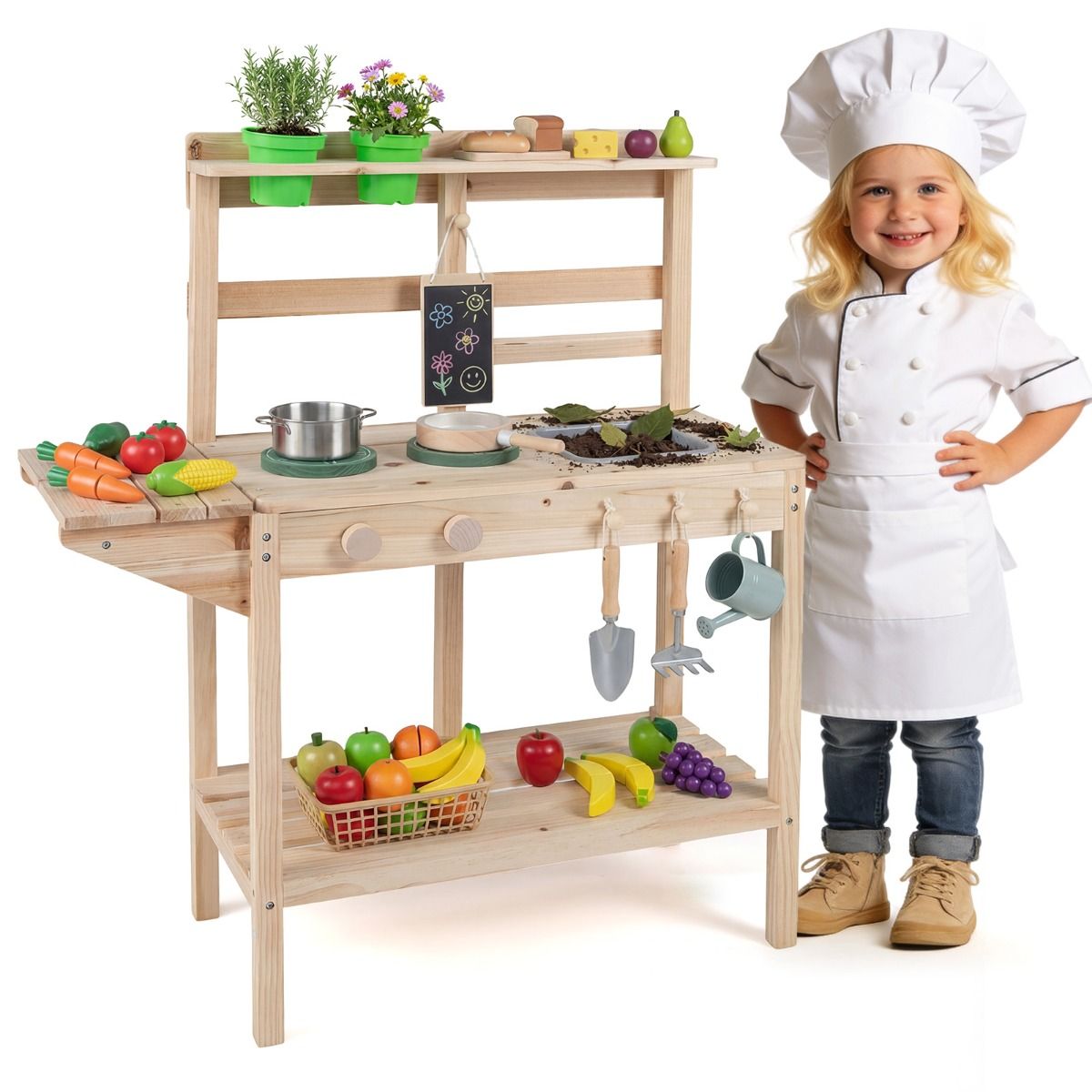 Coast Houten Speelkeuken voor Kinderen - met fornuis en gootsteen - krijtbord en bloempotten - naturel