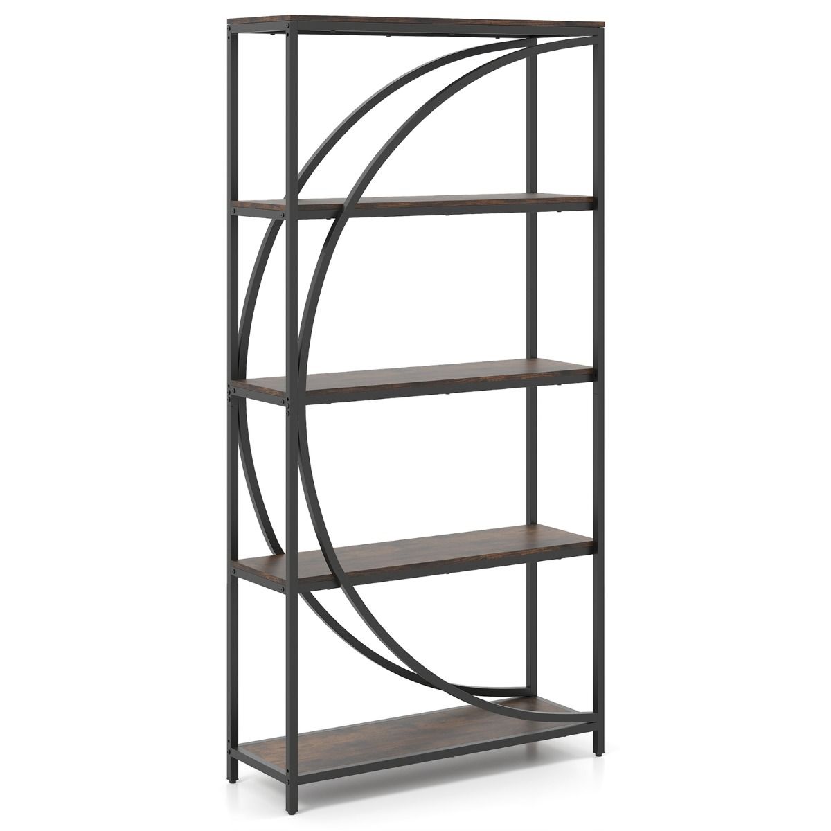 Coast Boekenkast met 5 Lagen - Gebogen Design - Metalen Frame - Bruin - 86 x 30 x 175 cm