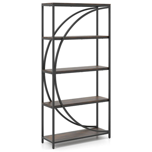 Coast Boekenkast met 5 Lagen - Gebogen Design - Metalen Frame - Bruin - 86 x 30 x 175 cm