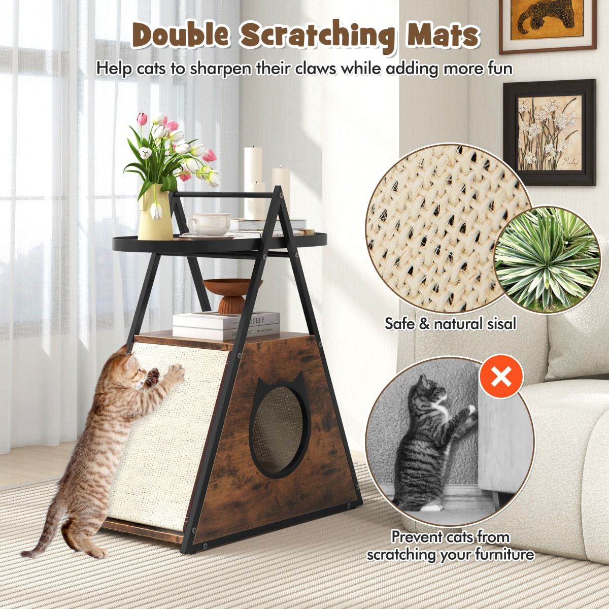 Coast Kattenkast Kattenhuis & Bijzettafel A-Frame Kattenmeubel met Kattenmand, 2 Krabmatten & 2 Planken – 60 x 33 x 76 cm – Bruin/Zwart