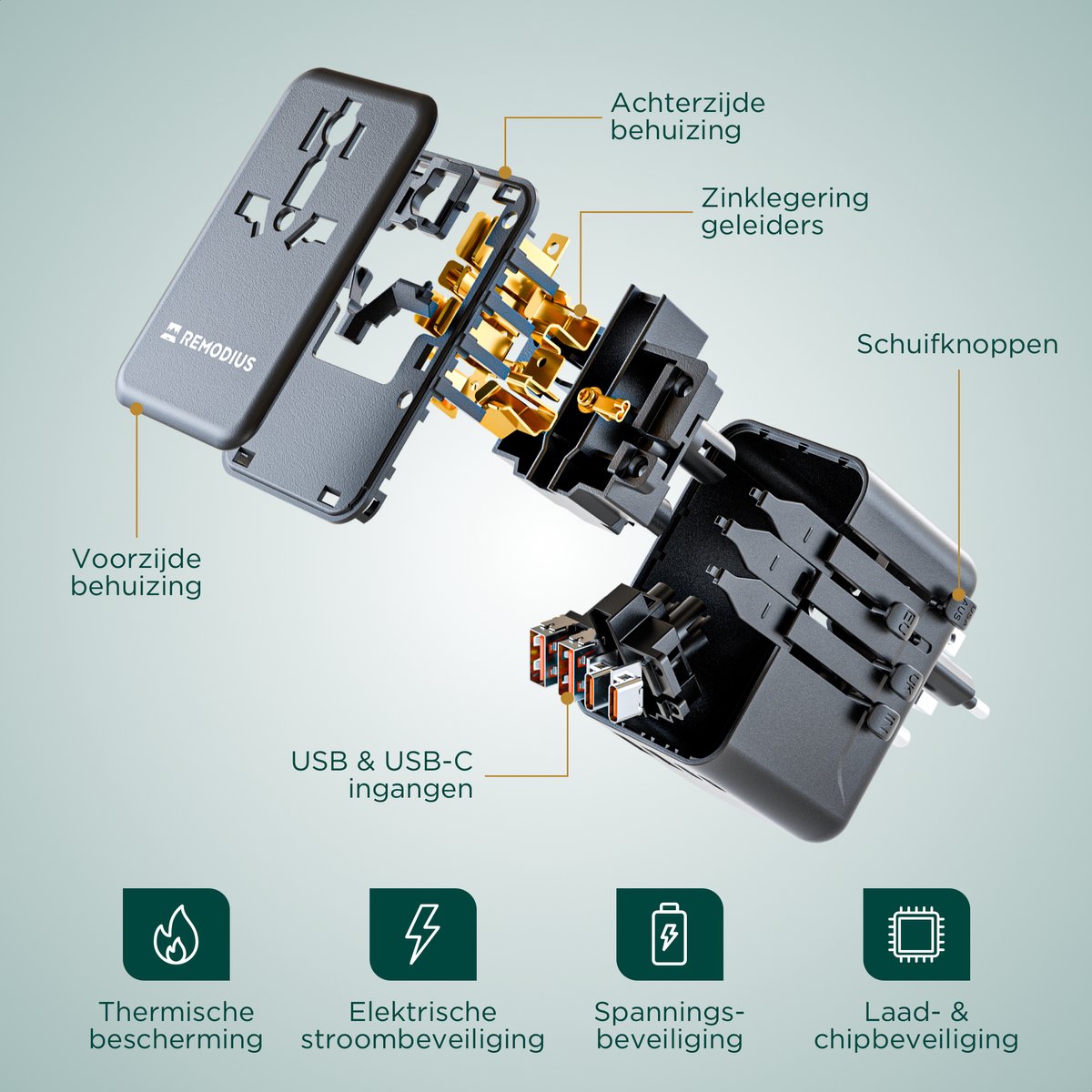 Remodius Wereldstekker - Universele Reisadapter voor 220+ Landen - 2x USB-C & 2x USB-A - Snellader - Type A/B/C/D/E/F/G/I/J/L/N - Compact & Handbagageproof