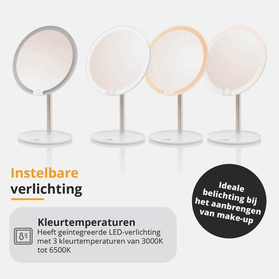 ETA Fenité Make Up Spiegel met Verlichting – 90° Kantelbaar en Oplaadbaar via USB-C – Lichtkleur Instelbaar – Ø 17,8 cm – Wit