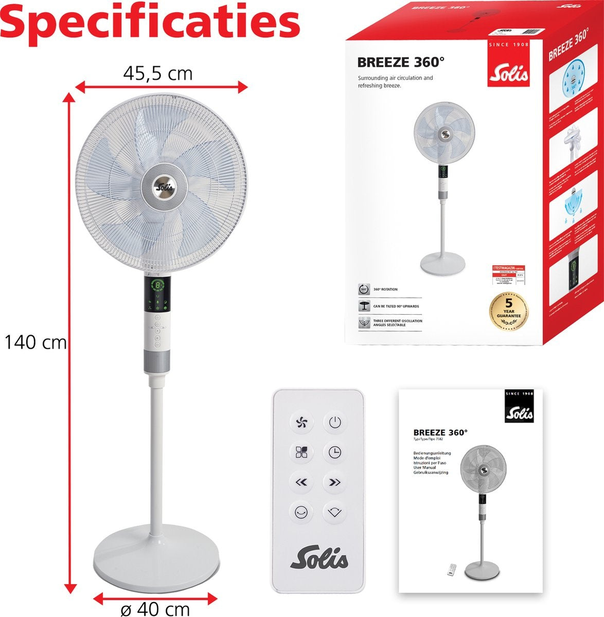 Solis Breeze 360 Statiefventilator - Oscillerend - Afstandsbediening - Timer - 46x40x140cm - Wit