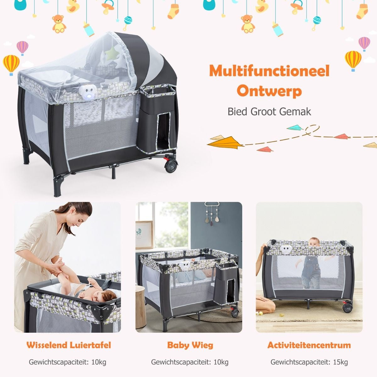 Coast 3-In-1 Inklapbaar Reisbed & Verschoonbed & Box met Afneembaar en Verstelbaar Gaas