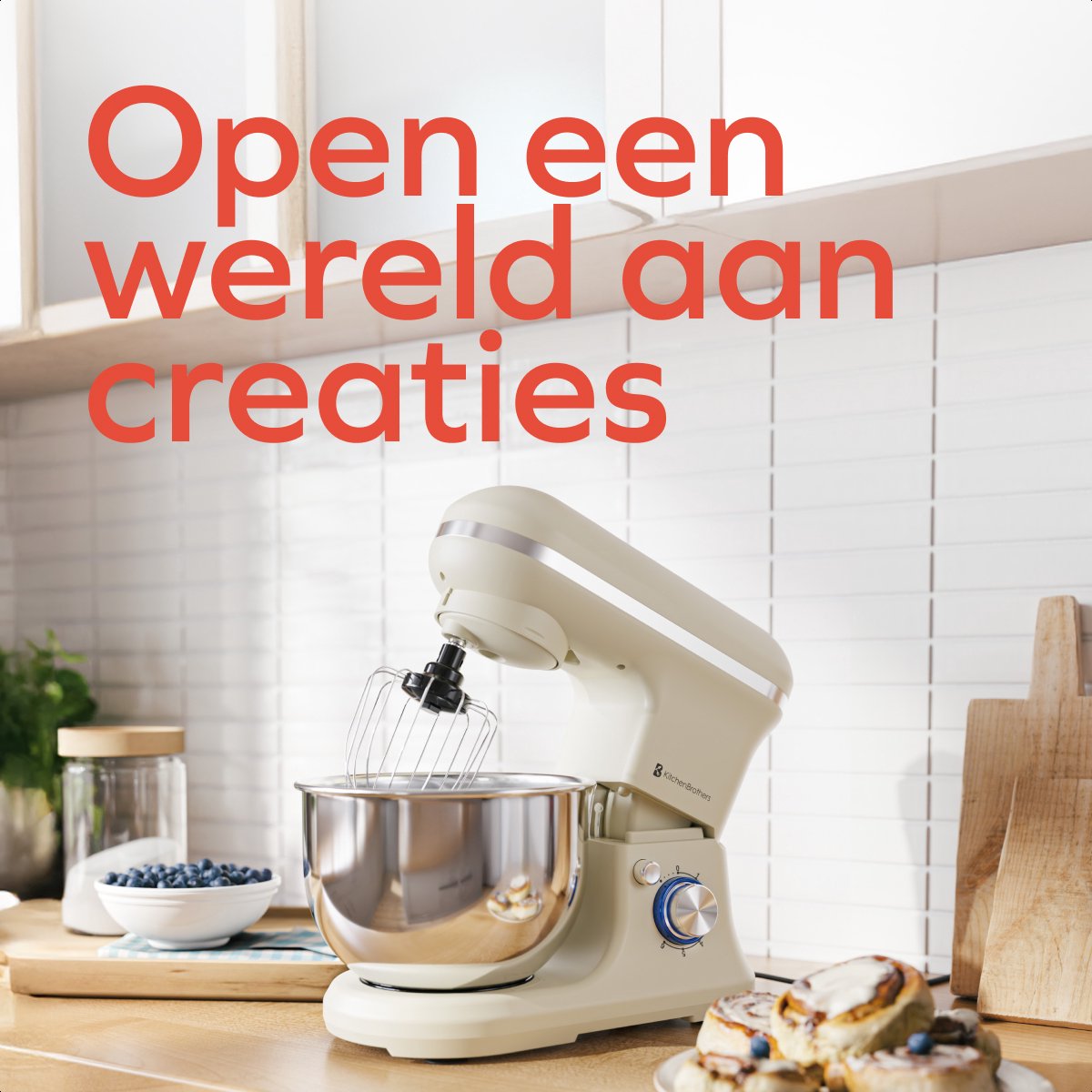 KitchenBrothers Keukenmachine – 1200W – 5L Mengkom – 6 Snelheden + Pulse – Keukenrobot met Kneedhaak, Garde & Menghaak – Champagne