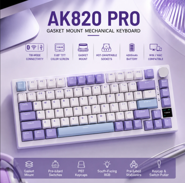 AJAZZ AK820 Pro Mechanisch Toetsenbord - 75% - QWERTY US - Tri-mode - TFT-display - RGB - Grijs - Sea Salt Purple Switches