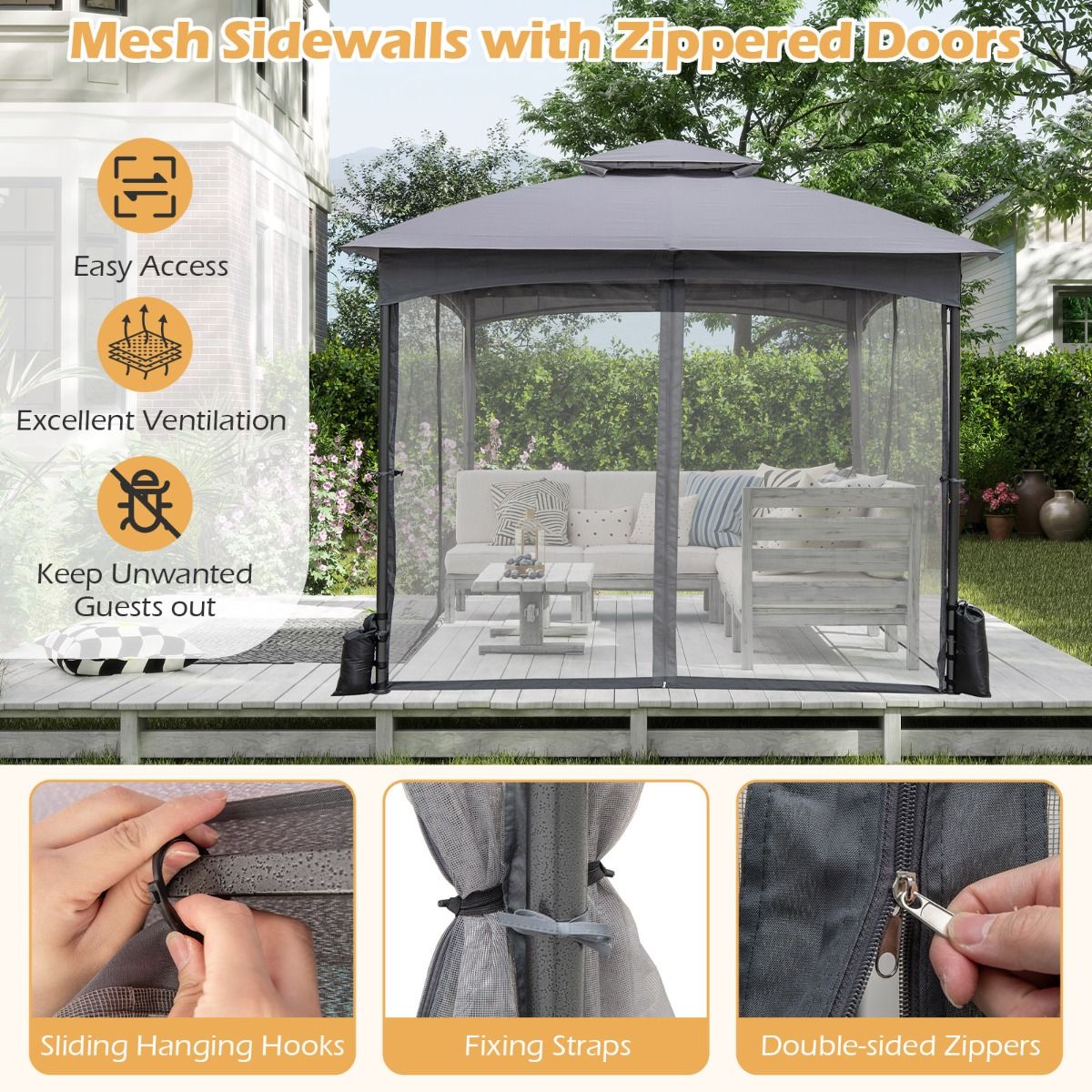 Coast Tuinpaviljoen - dubbel dak - muggennet - 3 x 3 m - khaki
