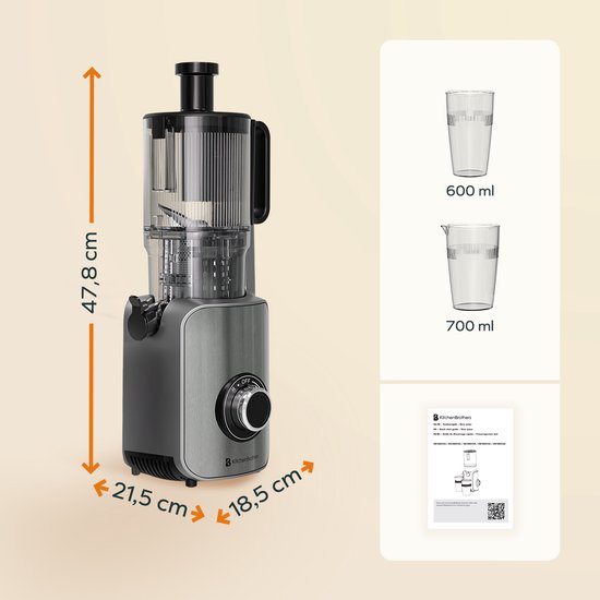 KitchenBrothers Slowjuicer - Verticaal - Juicer - Groenten en Fruitpers - 126 mm - 750 ml - Grijs