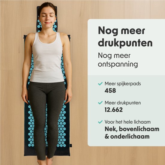 LifeGoods Acupressuur Mat XL - met Kussen - Shakti mat - Spijkermat Incl. 2x Triggerpoint Bal - 128x48x2cm - Zwart/Turquoise