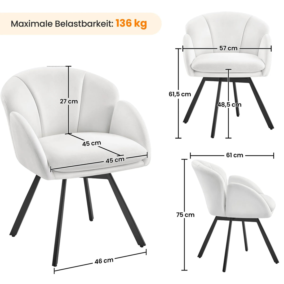 Yaheetech Draaistoel Bloemvormig – Voorzien Van 360° Draaimechanisme En Verwijderbaar Zitkussen En X-Vormige Metalen Voet – Voor Slaapkamer En Thuiskantoor – Wit Bouclé En Metaal – 57 x 61 x 75 cm