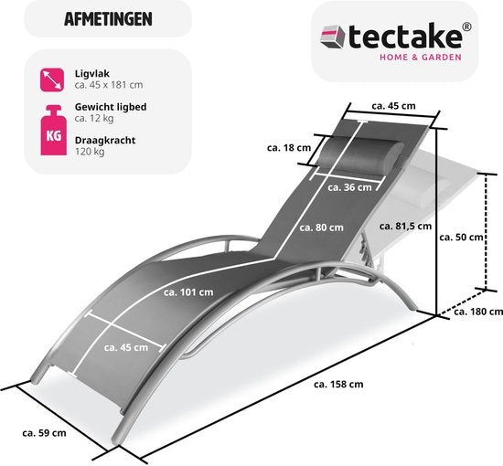 Tectake® Set van 2 Tuin Ligstoelen - Grijs Aluminium