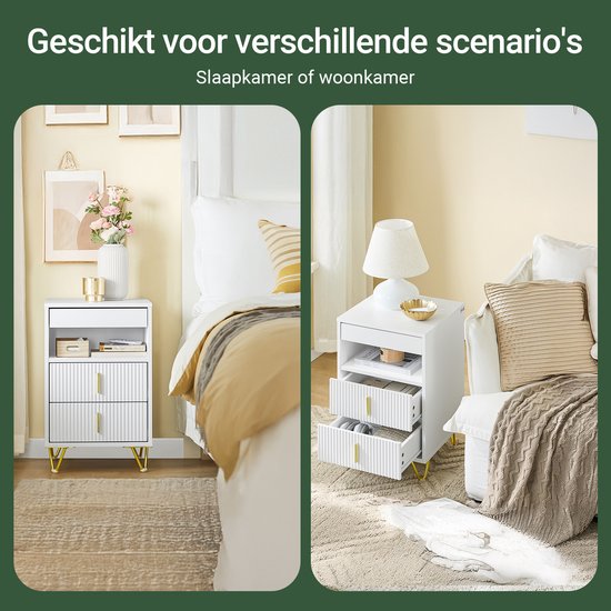 SoBuy Nachtkastje, nachtkastje met 3 laden en plank, moderne bijzettafel voor slaapkamer en woonkamer, wit, 40 x 40 x 63 cm (b x d x h) FBT168-W