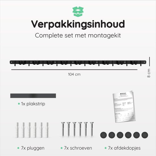 Volcan Bezemhouder - Bezem Ophangsysteem Tuingereedschap - 9 Houders 10 Haken - Zelfklevend 3M Tape - Gereedschapshouder - RVS Zwart
