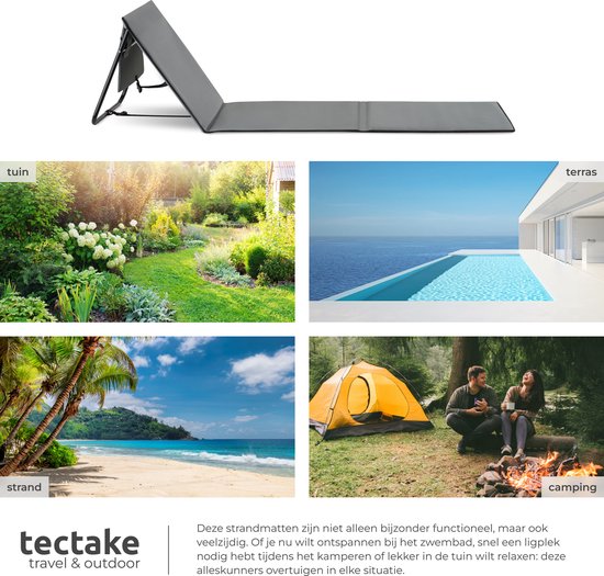 tectake® Strandmat - Set van 2 opvouwbare ligmatten met verstelbare rugleuning, draagriem en opbergvak - Ideaal voor strand, camping of tuin - Lichtgewicht en onderhoudsvriendelijk - Grijs