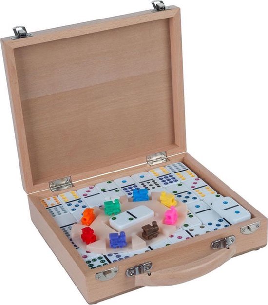Domino Dubbel 12 Mexican Train – 91 Stenen met Gekleurde Ogen – Houten Kist met Schuifdeksel – Inclusief Station & Treinen – Strategisch Familiespel – Engelhart