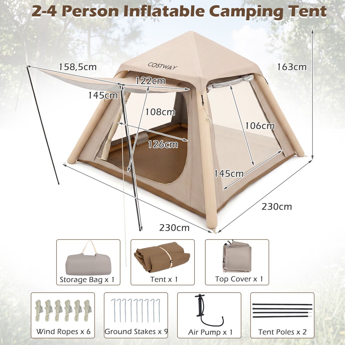 Coast Opblaasbare Koepeltent - Snel op te zetten - Met afneembare luifel - Khaki 230 x 230 x 163 cm