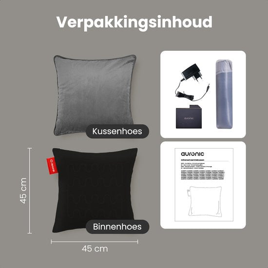 Auronic Warmtekussen - Velvet - 45x45 - Draadloos - Oplaadbaar - Elektrisch kussen - Infrarood - Grijs