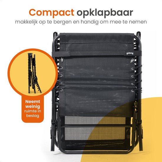 Goliving Ligbed - 5 Standen - 188 x 56 x 29 cm - Inklapbaar Zonnebed - Opvouwbaar Strandbed - Ligstoel Tuin - Inclusief Hoofdkussen - Verstelbare Rugleuning - Zwart