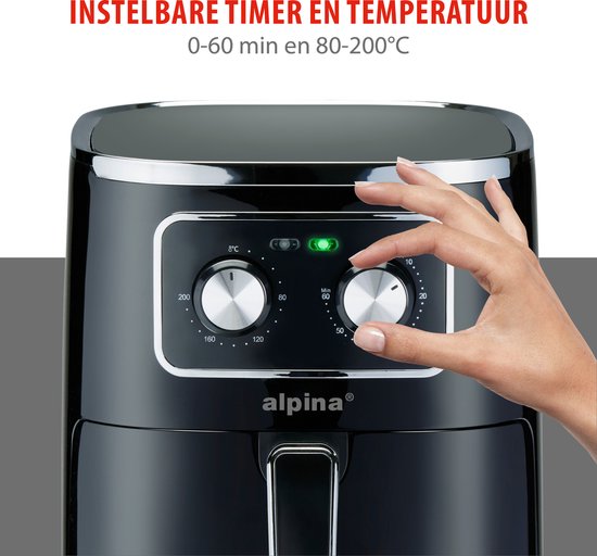 alpina Airfryer 4.5L- Heteluchtfriteuse voor 3 tot 4 Personen - Air Fryer met Instelbare Temperatuur van 80°C tot 200°C - Timer tot 60 Minuten - Hetelucht Friteuse 1450W - Zwart