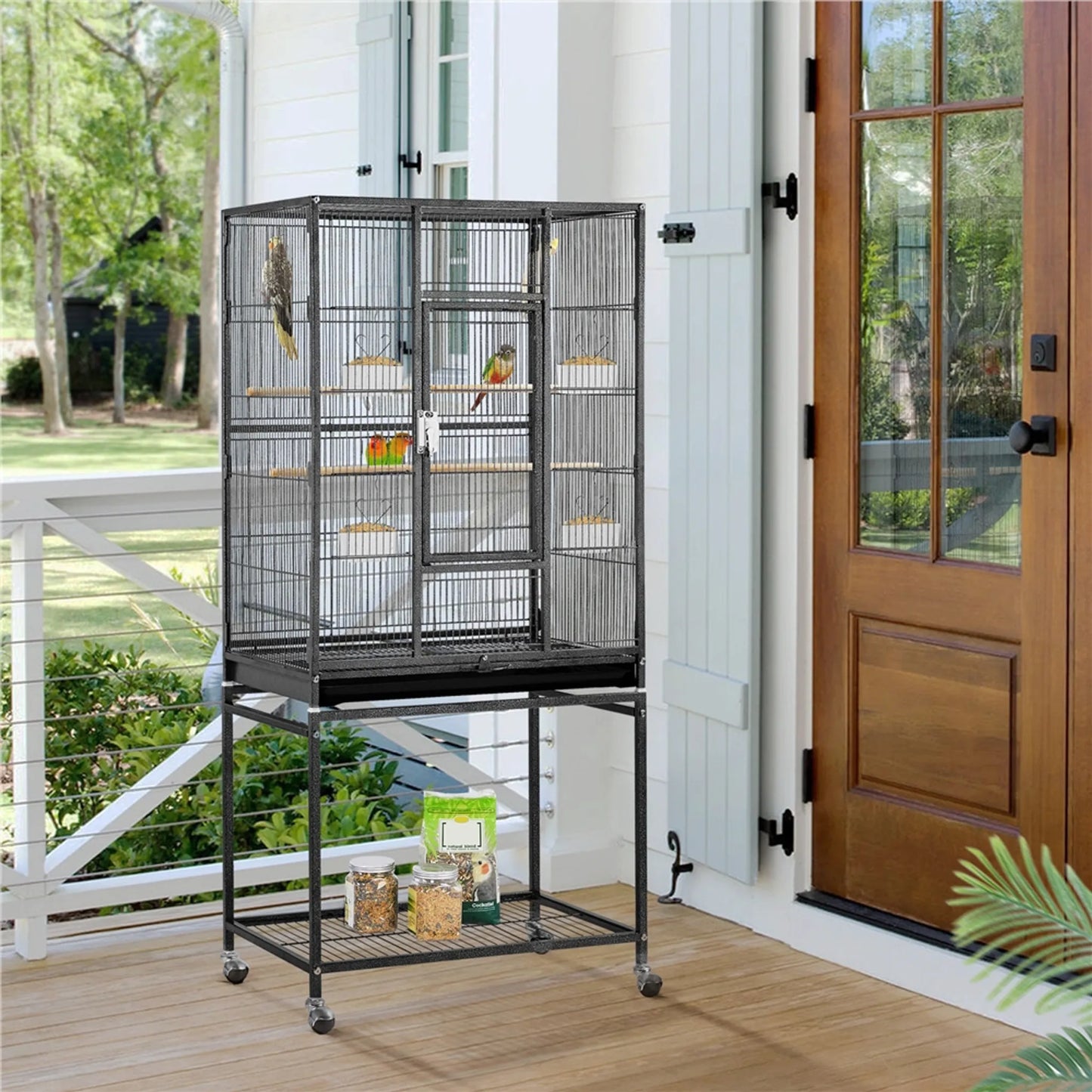 Yaheetech Vogelkooi Met Verrijdbaar Onderstel – Voorzien Van Uitneembare Lade En Extra Opbergplank En 4 Voerbakjes – Voor Parkieten Vinken En Kanaries – Zwart Gepoedercoat Metaal – 61 x 43 x 136 cm