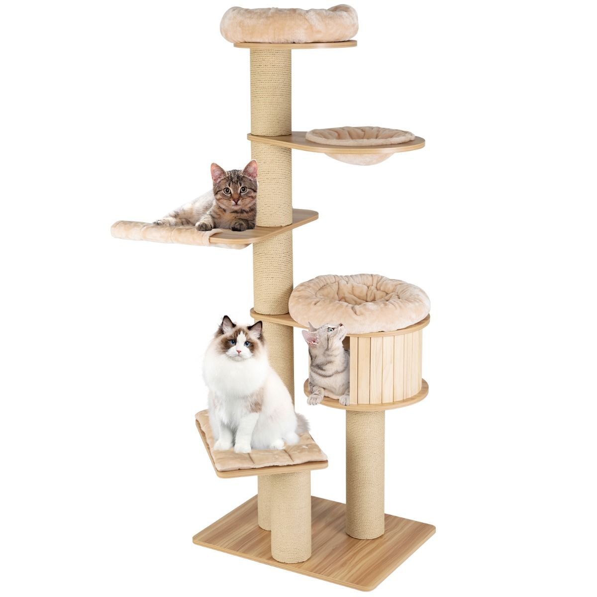 Coast Kattenklimrek - Meerdere niveaus - Krabpalen en hut - Hangmat en wasbare matten - Beige 75 x 56 x 191 cm