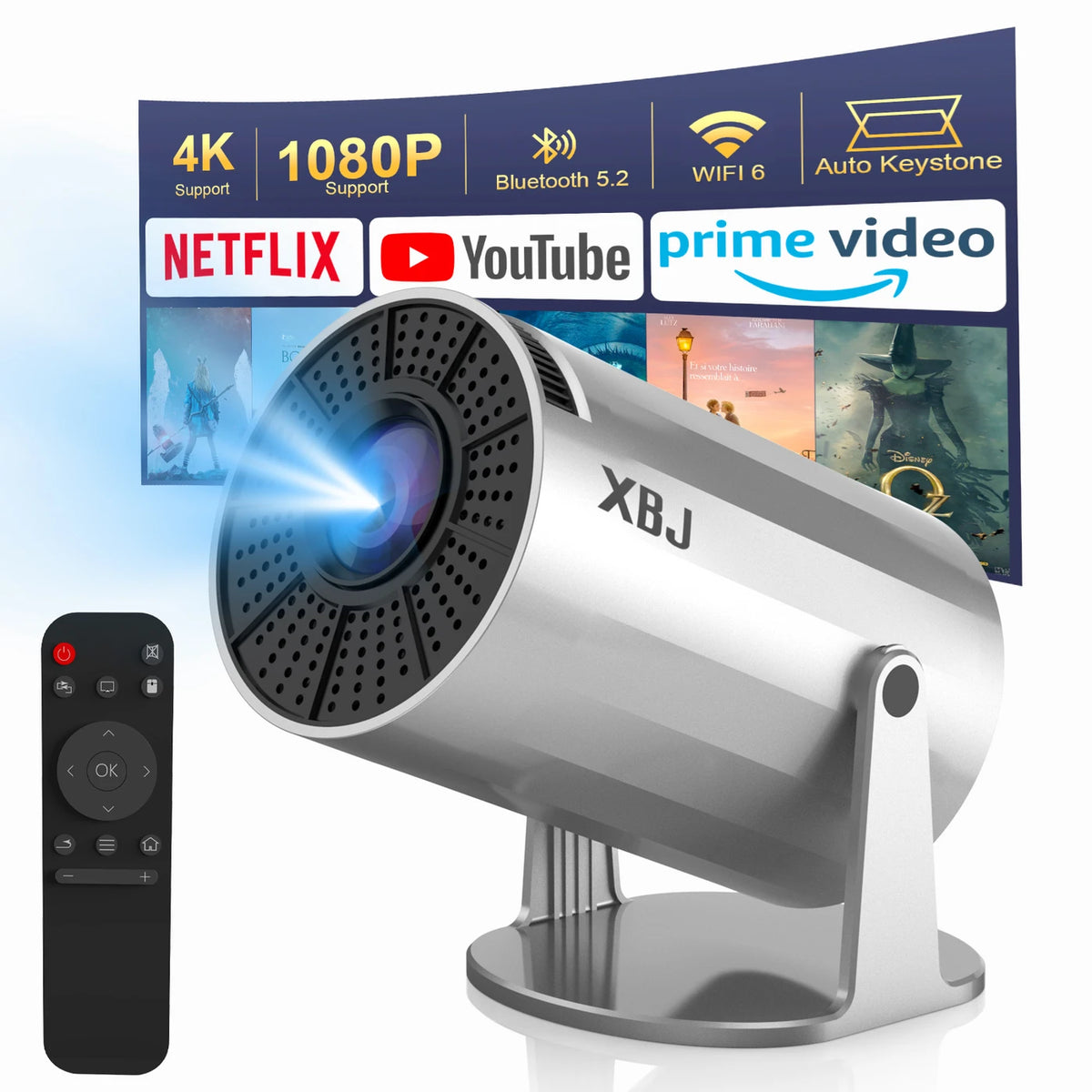 XBJ Draagbare Mini Beamer Zilver 14 x 12 x 21,8 cm - WiFi 6 & Bluetooth 5.2 - Android 11 - 1080P & 4K-decodering - 180° Draaibaar - 200 ANSI Lumen