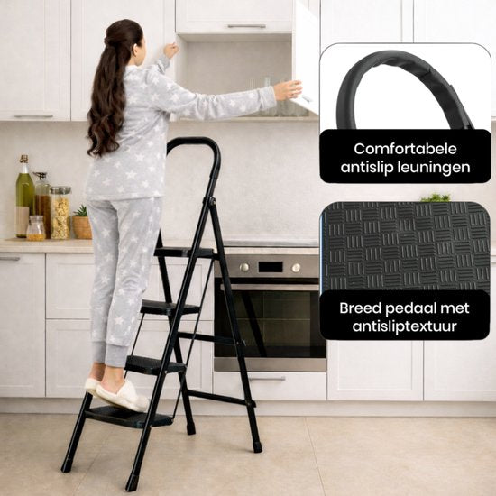 ToolX Huishoudtrap - Keukentrap - Staal- 4 treden- Inklapbaar - Anti-Slip - Opvouwbaar - Zwart