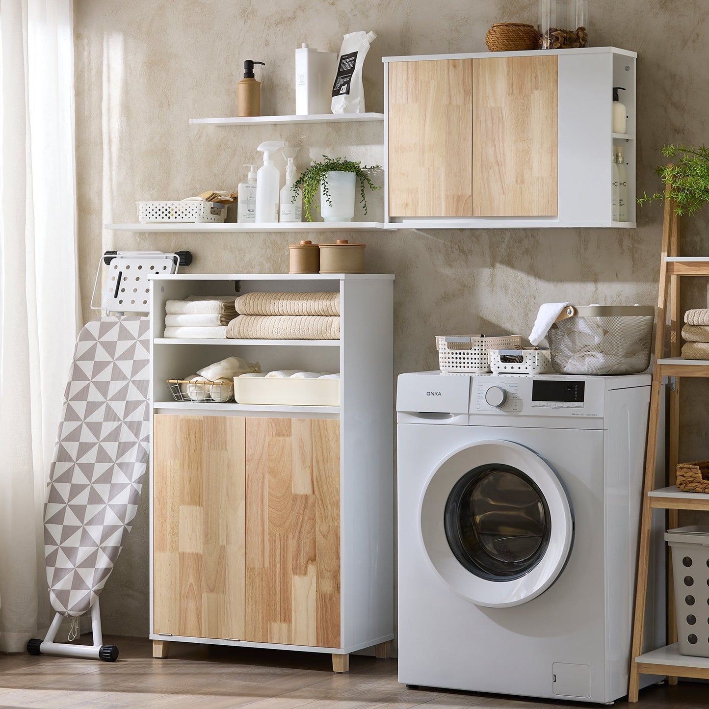 SoBuy BZR143-WN Badkamermeubel met Afneembare Wasbak, 3 Vakopslag en Wasmand – Wit, 64x33x110 cm