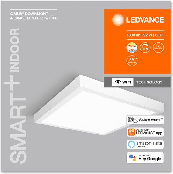 LEDVANCE Armatuur: voor plafond, SMART SURFACE DOWNLIGHT TW / 22 W, 22-…24- V, stralingshoek: 11-, Tunable White, 3-65- K, body materiaal: aluminium, IP2-