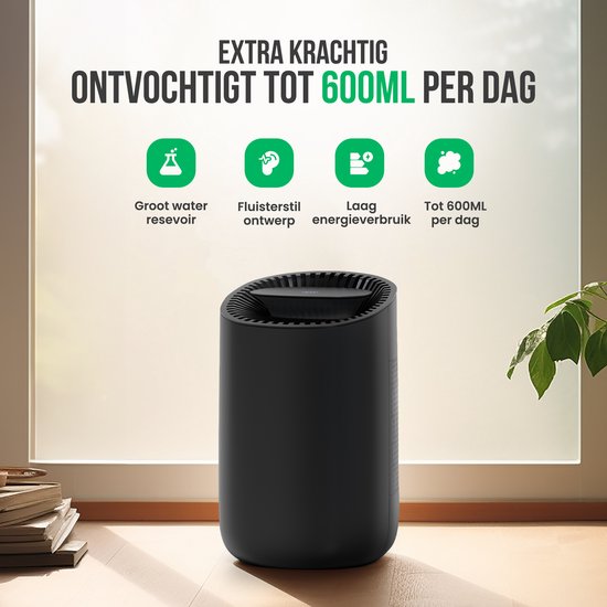 Strex Luchtontvochtiger - Compact en Stil - Mini Luchtontvochter - 600ml/dag - Zwart