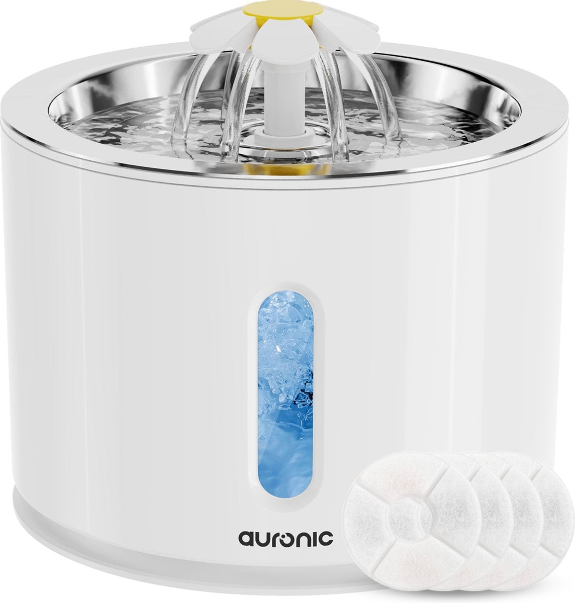 Auronic Drinkfontein - Waterfontein voor Katten en Honden - 2,4L - Dieren Drinkbak - Incl. 4 Filters en 2 Borstels - Wit