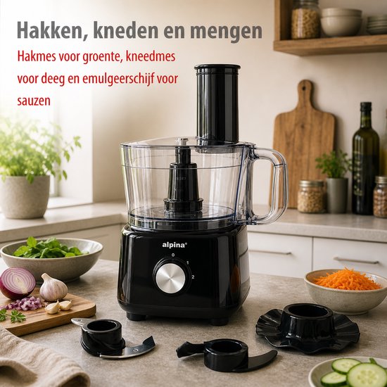 alpina 3-in-1 Foodprocessor, Blender en Smoothie Maker - Keukenmachine Multifunctioneel - Groentesnijder - Hakmolen - 2L - BPA-Vrij - Vaatwasserbestendig - FP413GS - Zwart