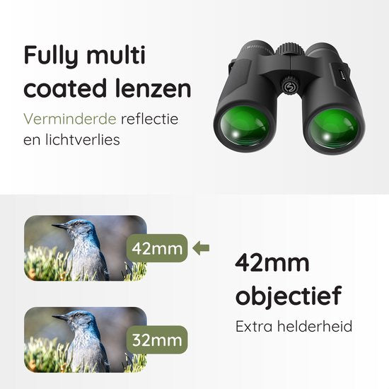 Volcan Waterdichte Verrekijker 10x42 - Voor Volwassene - Gasgevuld - HD - Met Lensdoppen, Draagtas en Nekkoord - Zwart