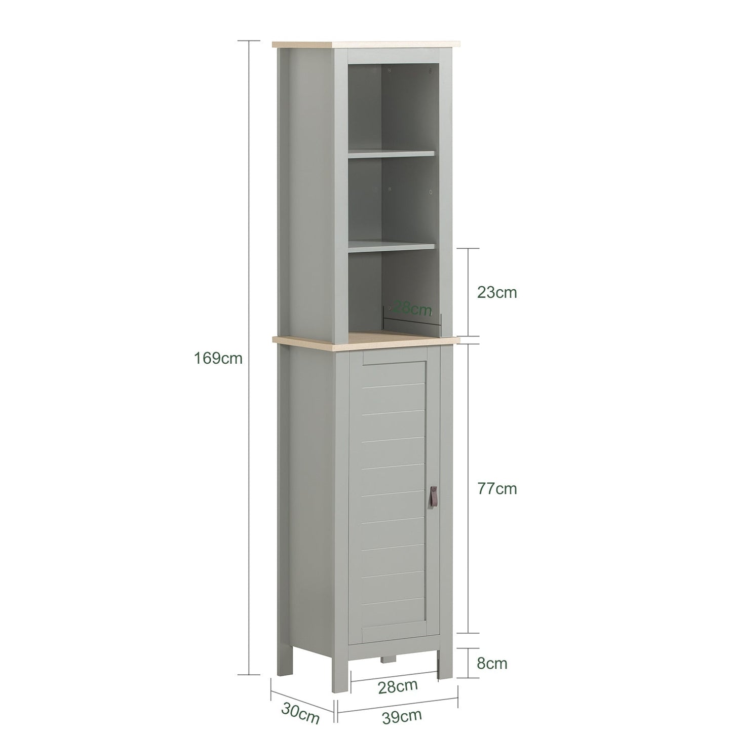 SoBuy Badkamer Kolomkast - 1 Deurs - 3 Planken - 39 x 30 x 169 cm - Grijs