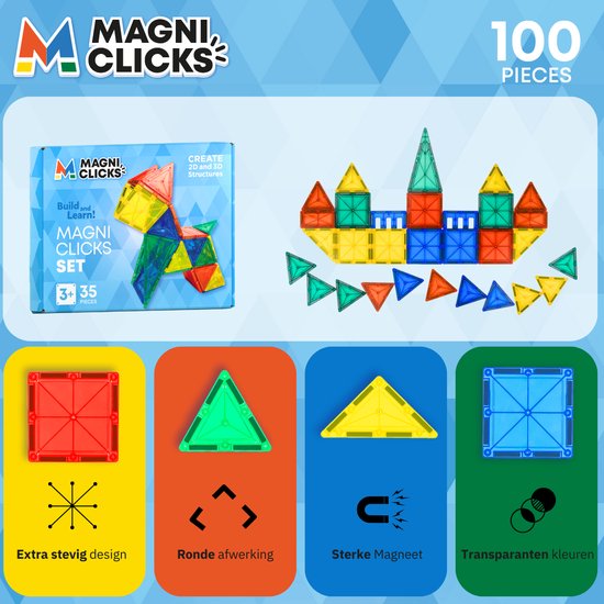 MagniClicks Magnetic Tiles 35 stuks - Magnetisch Speelgoed - Montessori - Magnetische Tegels - Bouwblokken