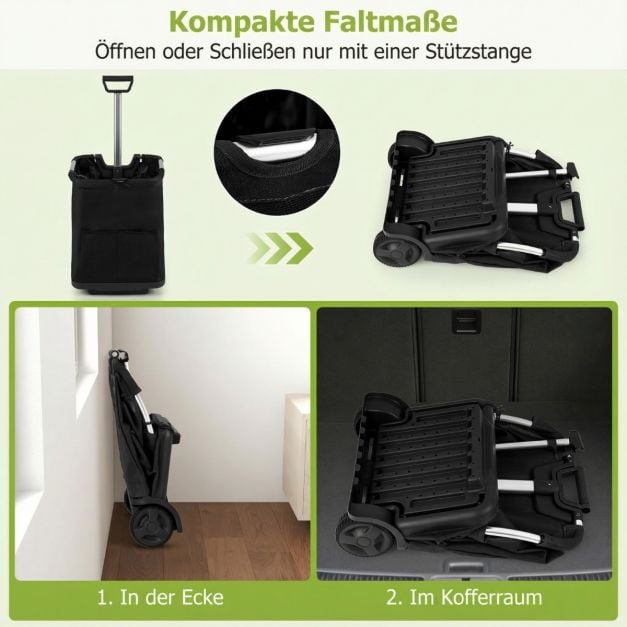 Coast Boodschappentrolley Zwart – Opvouwbare 50L Winkelwagen met 3 Vakken en Verstelbare Handgreep – 40 x 36 x 58/90 cm