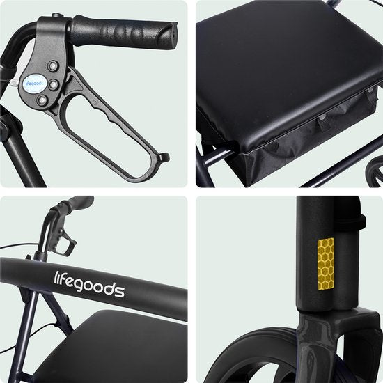 LifeGoods Basic Rollator Lichtgewicht en Opvouwbaar (8,7KG) - Met Zitje en Rugsteun – Voor Binnen en Buiten – Verstelbare Hoogte - Tot 136KG Draagkracht – Zwart