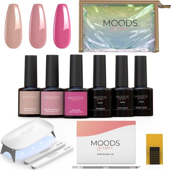 Moods Gellac BIAB Starter Pakket – Nude Pink - Builder in a Bottle – BIAB Nagellak – Inclusief UV/LED Lamp, Bokkepoot, Nagelvijl, Primer, Base en Top Coat