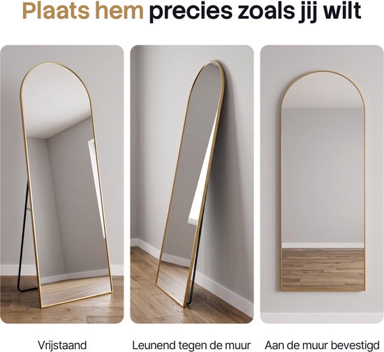 Infinity Goods Passpiegel - 160x60cm - Design Wandspiegel - Staande Spiegel Met Metalen Rand - Hangend - Kleedkamer Spiegel - Afgerond - Modern - Goud