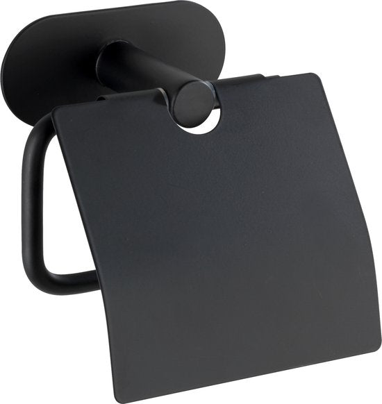 WENKO Turbo-Loc® Toiletrolhouder met klep Orea RVS zwart mat - Toiletpapier houder - WC Rolhouder - Bevestigen zonder boren - Zelfklevend - 10 jaar garantie