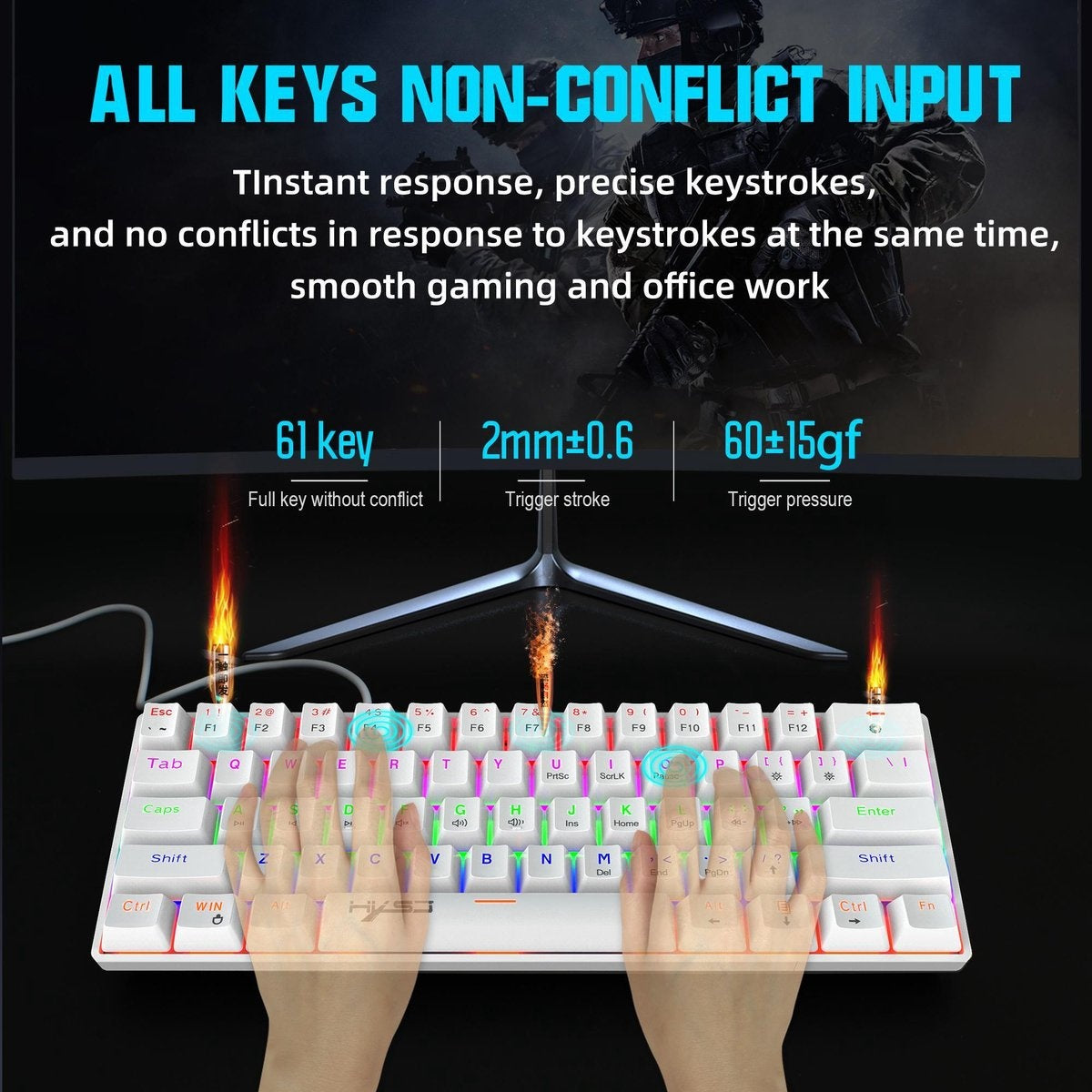 HXSJ V900 Bedrade Mechanisch Gaming Toetsenbord - RGB Verlichting - QWERTY - 61 Keys - Blue Switch - Wit