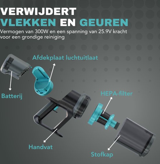 Achaté Draadloze stofzuiger – 4 Opzetstukken – 300W – 25,9V – 2,5 kg – Zwart