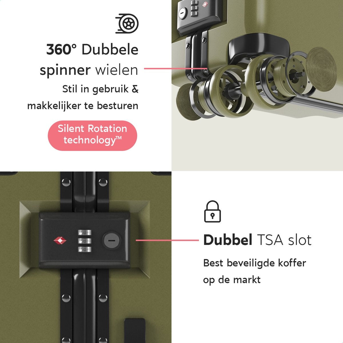 ONYX Check-in koffer 100L - TSA slot - Spinner wielen - Lichtgewicht Trolley - Aluminium sluiting - Olive groen