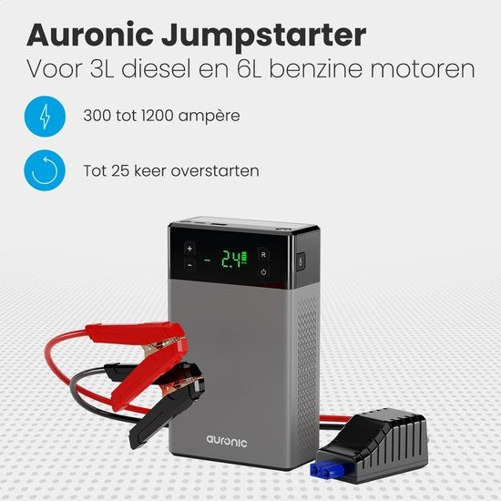 Auronic 12V Jumpstarter  Startondersteuning voor Auto's - Met Compressor en Bandenpomp - 1200A - 3L Diesel 6L Benzine - Zwart/Grijs