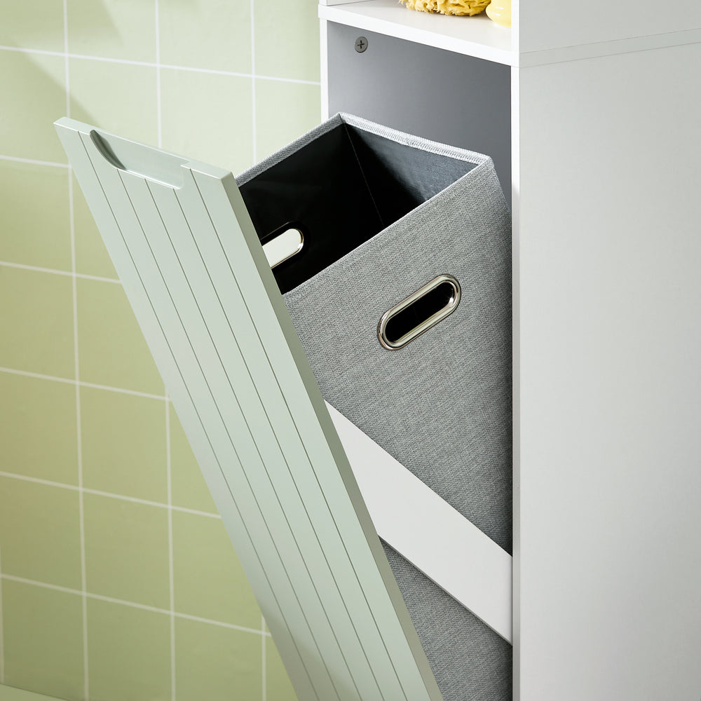 SoBuy Hoge Meerlaagse Badkamerkast BZR137-GR - Uitklapbare Wasmand - 31 x 30 x 167 cm - Groen met Wit